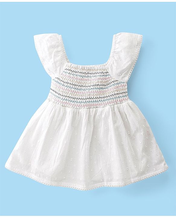Babyhug Cotton Half Sleeves Woven Top With Smocking and Lace Detailing - White