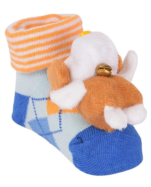 Yellow Bee Cotton Anti Skid Stuffed Puppy Detailed Socks - Brown & Blue