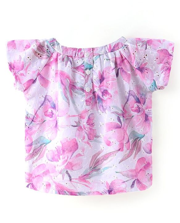 Babyhug Woven Half Sleeves Floral Printed Top with Schiffili Detailing - White & Pink