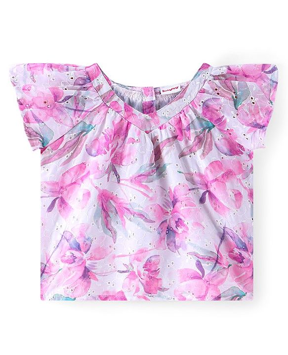 Babyhug Woven Half Sleeves Floral Printed Top with Schiffili Detailing - White & Pink