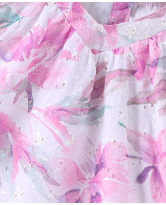 Babyhug Woven Half Sleeves Floral Printed Top with Schiffili Detailing - White & Pink