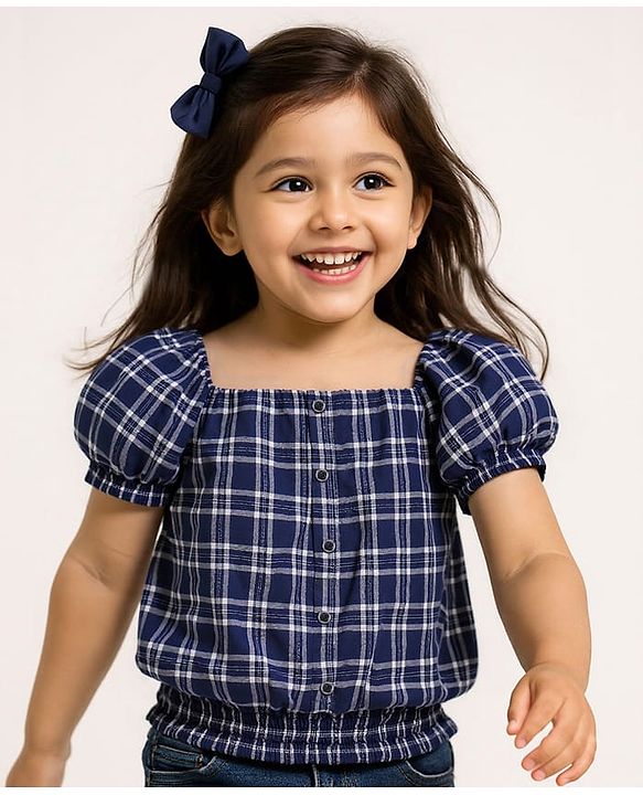 Babyhug Cotton Woven Half Sleeves Front Open Checks Cropped Top with Smocking - Blue