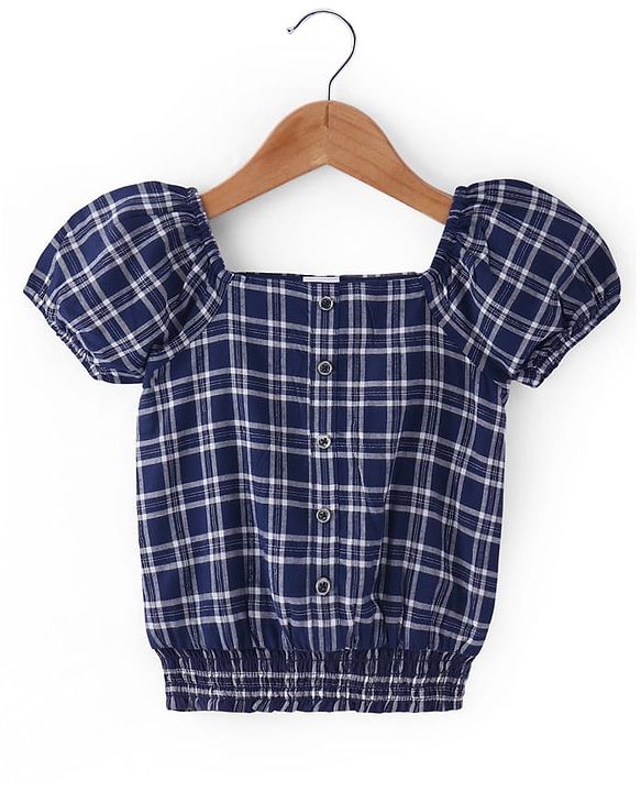 Babyhug Cotton Woven Half Sleeves Front Open Checks Cropped Top with Smocking - Blue