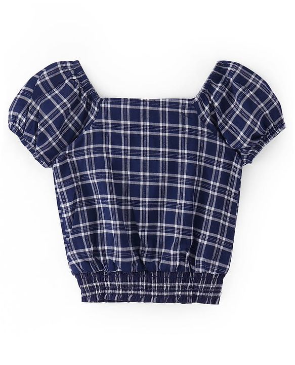 Babyhug Cotton Woven Half Sleeves Front Open Checks Cropped Top with Smocking - Blue
