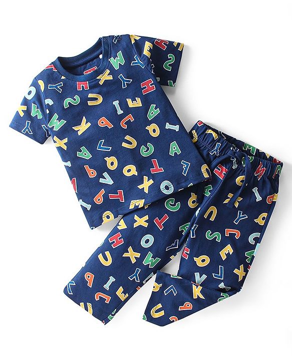 Babyhug Single Jersey Knit Half Sleeves  Night Suit with Alphabet Print - Navy Blue