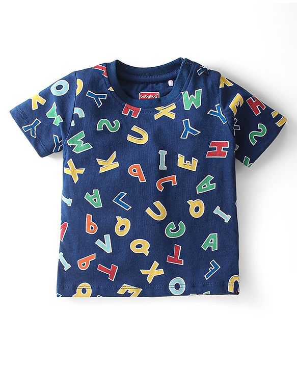 Babyhug Single Jersey Knit Half Sleeves  Night Suit with Alphabet Print - Navy Blue