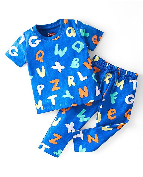 Babyhug Cotton Knit Half Sleeves Night Suit with Alphabet Print - Blue