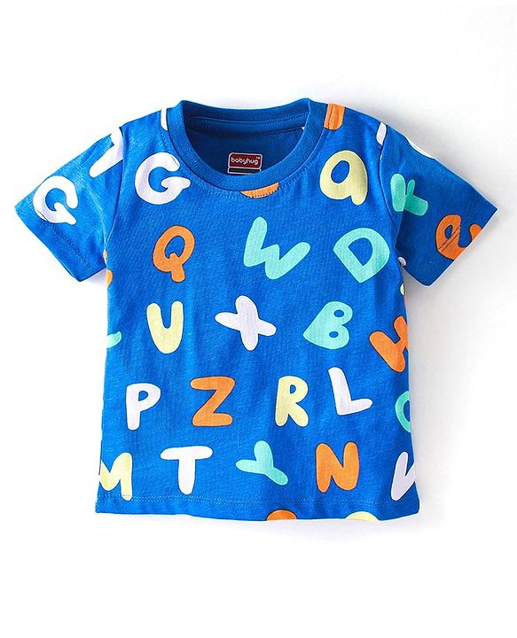 Babyhug Cotton Knit Half Sleeves Night Suit with Alphabet Print - Blue