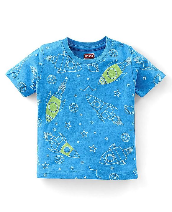 Babyhug Single Jersey Knit Half Sleeves Night Suit Space Theme - Blue