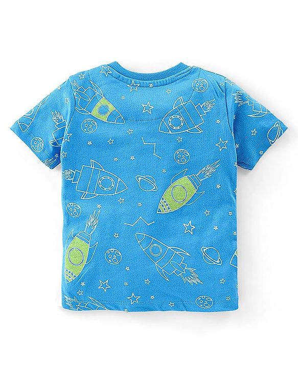 Babyhug Single Jersey Knit Half Sleeves Night Suit Space Theme - Blue