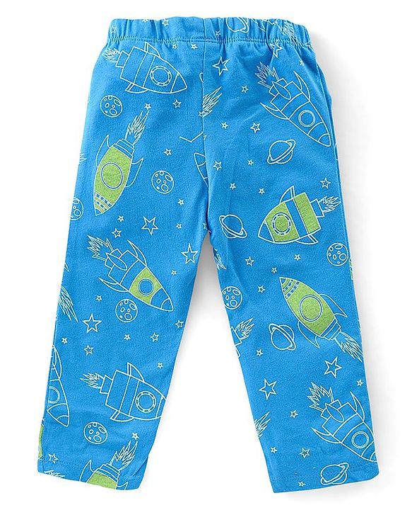 Babyhug Single Jersey Knit Half Sleeves Night Suit Space Theme - Blue