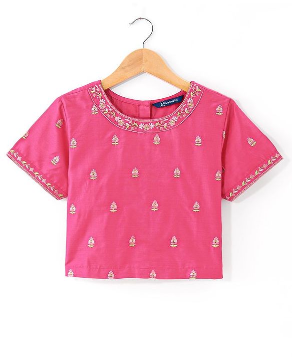 Pine Kids Viscose Woven Half Sleeves Chanderi Lehenga Choli Set with Dupatta Set & Floral Embroidery -  Pink
