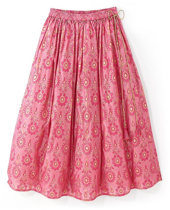 Pine Kids Viscose Woven Half Sleeves Chanderi Lehenga Choli Set with Dupatta Set & Floral Embroidery -  Pink