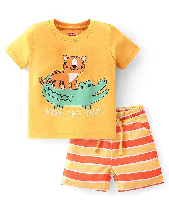Babyhug Cotton Knit Single Jersey Half Sleeves Night Suit With Tiger & Crocodile Print - Yellow