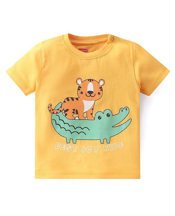 Babyhug Cotton Knit Single Jersey Half Sleeves Night Suit With Tiger & Crocodile Print - Yellow
