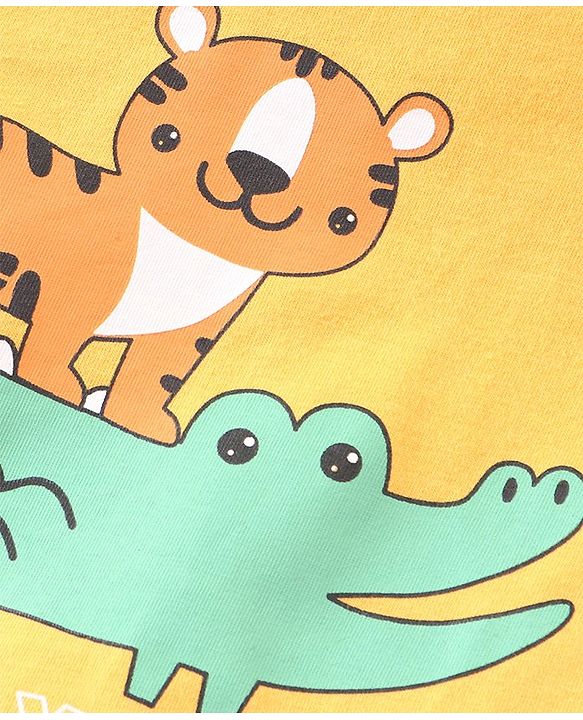 Babyhug Cotton Knit Single Jersey Half Sleeves Night Suit With Tiger & Crocodile Print - Yellow