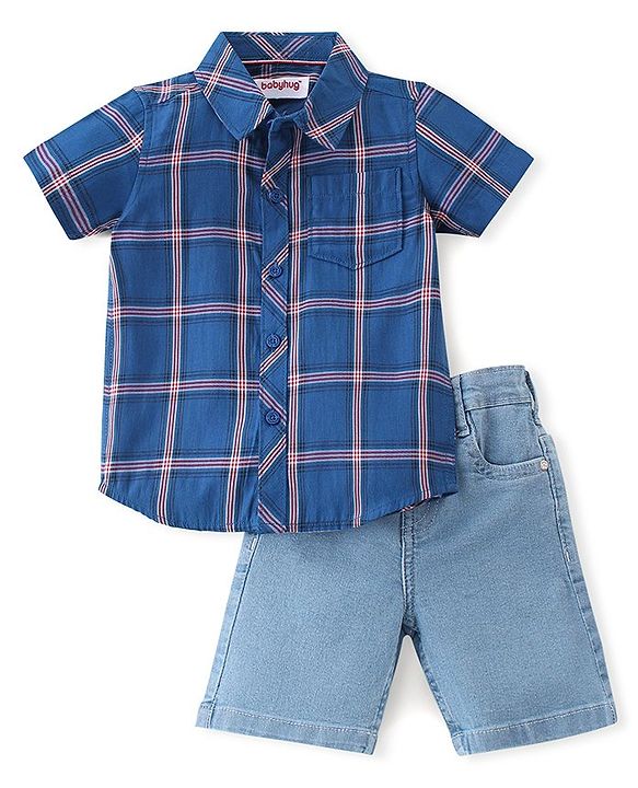 Babyhug Cotton Woven Half Sleeves Checks Shirt & Denim Shorts Set - Blue
