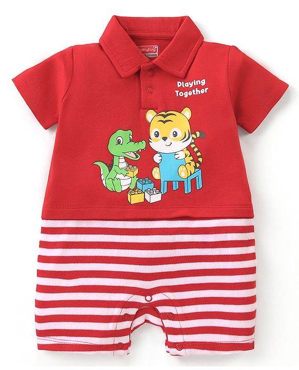 Babyhug 100% Cotton Knit Half Sleeves Romper With Striped Design & Tiger Print - Red