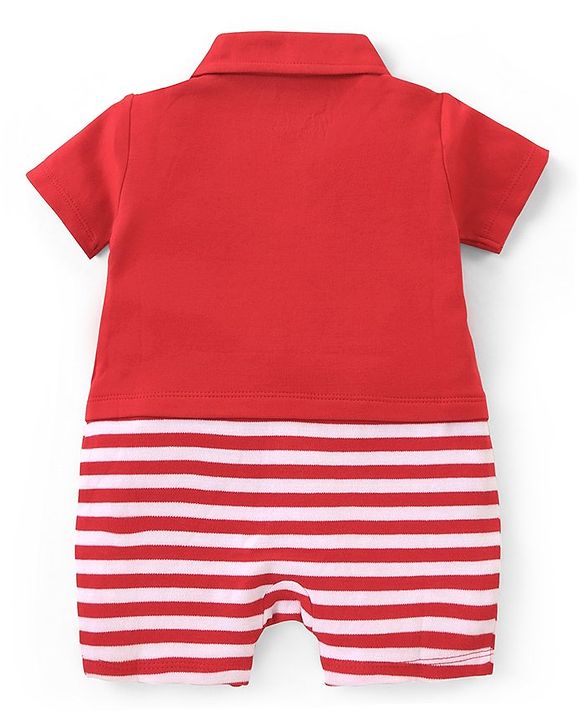 Babyhug 100% Cotton Knit Half Sleeves Romper With Striped Design & Tiger Print - Red