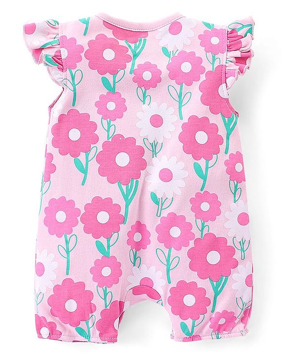 Babyhug 100% Cotton Knit Interlock Half Sleeves Romper With Floral Print - Pink