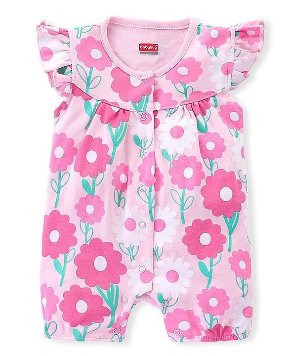 Babyhug 100% Cotton Knit Interlock Half Sleeves Romper With Floral Print - Pink