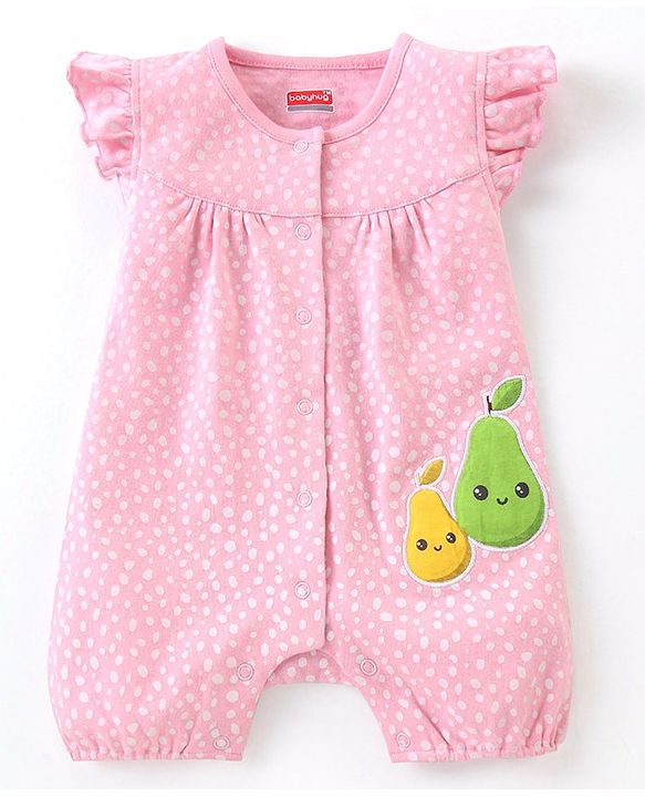 Babyhug 100% Cotton Frill Sleeves Romper Fruit Print - Pink