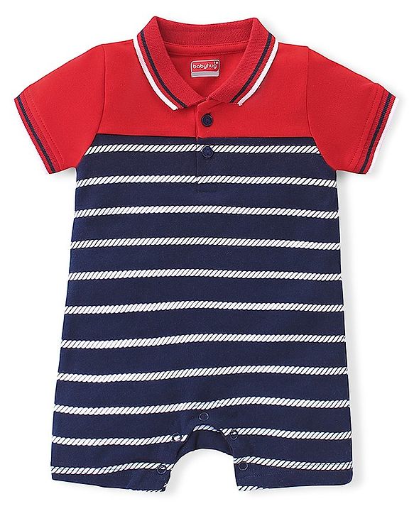 Babyhug 100% Cotton Knit Interlock Half Sleeves Romper With Striped Print - Red & Blue