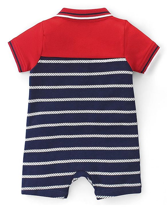 Babyhug 100% Cotton Knit Interlock Half Sleeves Romper With Striped Print - Red & Blue