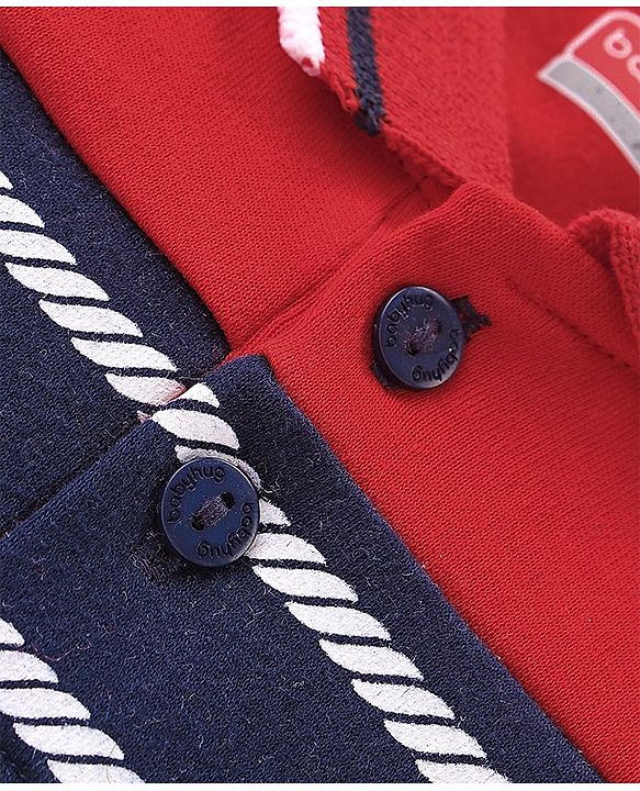 Babyhug 100% Cotton Knit Interlock Half Sleeves Romper With Striped Print - Red & Blue