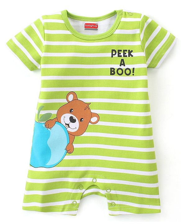 Babyhug 100% Cotton Knit Half Sleeves Romper With Striped Design & Bear Print - Green