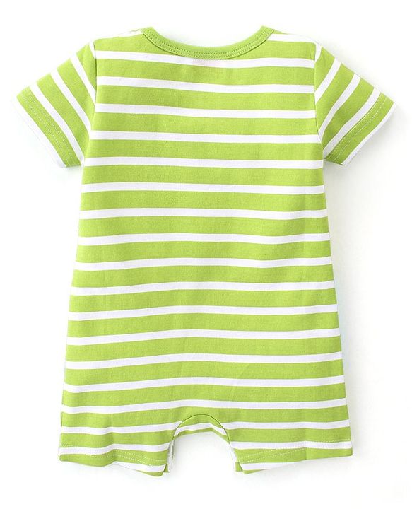 Babyhug 100% Cotton Knit Half Sleeves Romper With Striped Design & Bear Print - Green