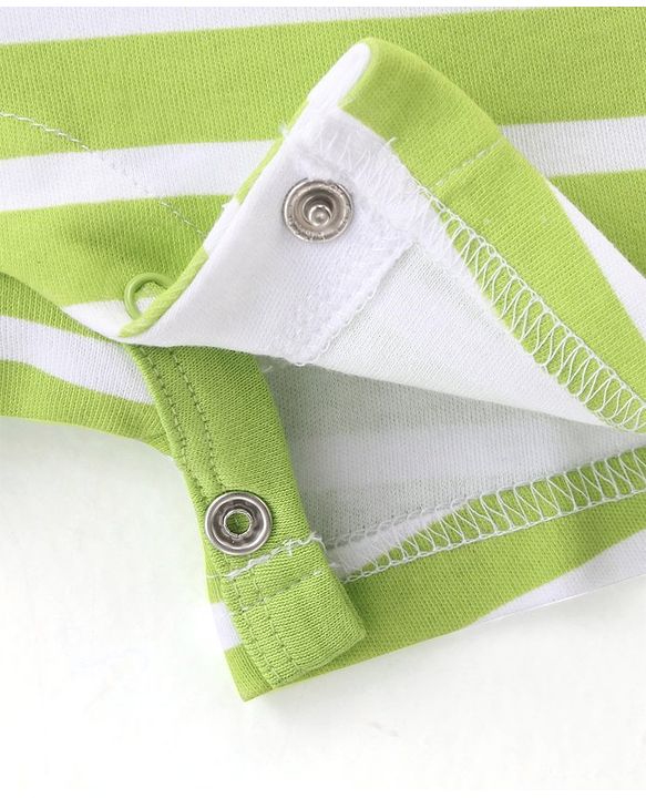 Babyhug 100% Cotton Knit Half Sleeves Romper With Striped Design & Bear Print - Green