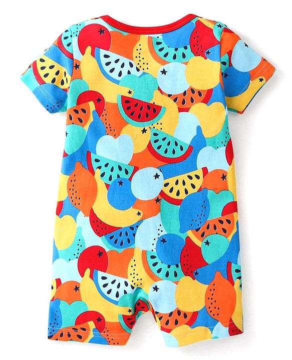 Babyhug 100% Cotton Knit Half Sleeves Romper Orange Print - Multicolor