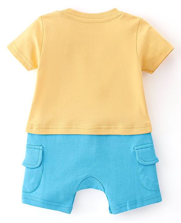 Babyhug 100% Cotton Knit Half Sleeves Romper with Smiley & Text Print - Multicolour