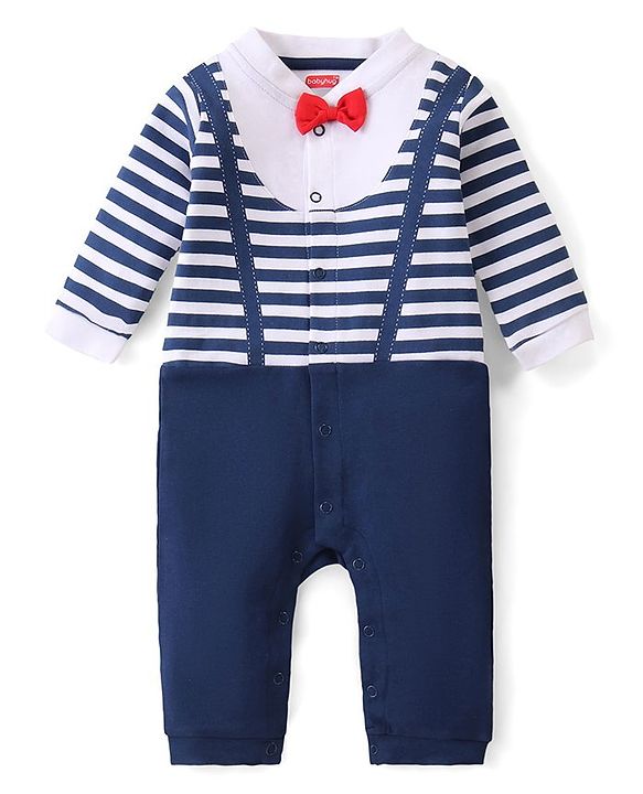 Babyhug 100% Cotton Knit Full Sleeves Striped Romper with Bow Detailing - Navy Blue
