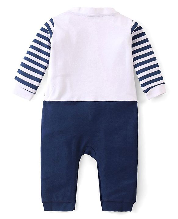 Babyhug 100% Cotton Knit Full Sleeves Striped Romper with Bow Detailing - Navy Blue
