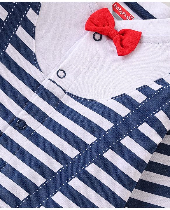 Babyhug 100% Cotton Knit Full Sleeves Striped Romper with Bow Detailing - Navy Blue