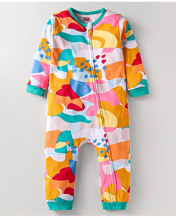 Babyhug 100% Cotton Knit Full Sleeves Romper With Abstract Print - Multicolour