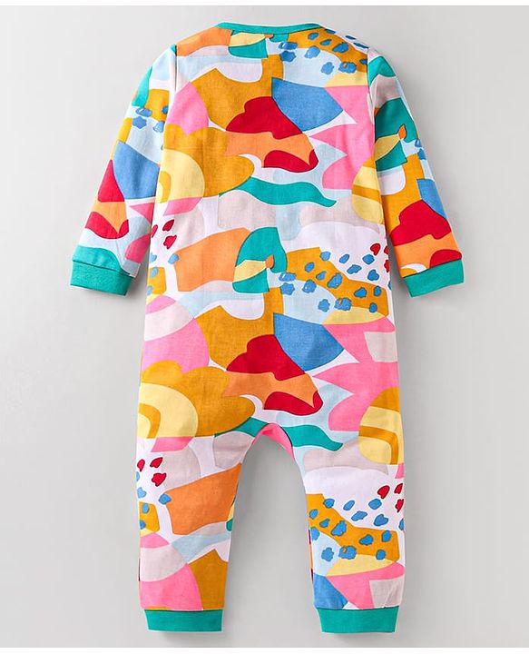 Babyhug 100% Cotton Knit Full Sleeves Romper With Abstract Print - Multicolour