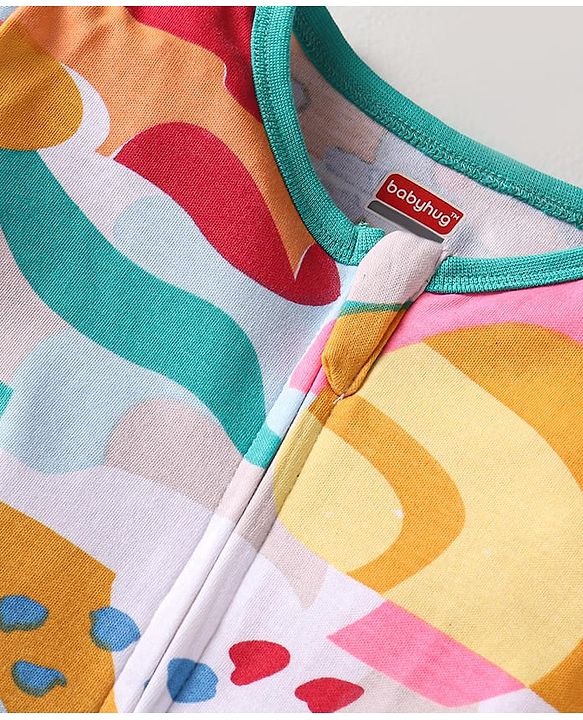 Babyhug 100% Cotton Knit Full Sleeves Romper With Abstract Print - Multicolour