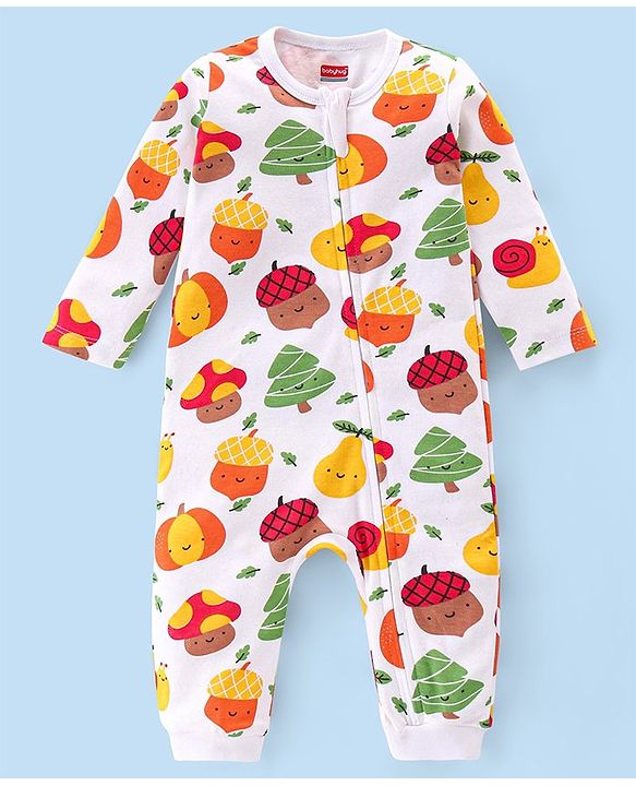 Babyhug 100% Cotton Knit Full Sleeves Romper With Pumpkin Print - Multicolour