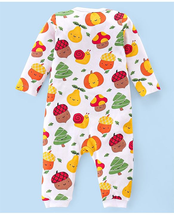 Babyhug 100% Cotton Knit Full Sleeves Romper With Pumpkin Print - Multicolour