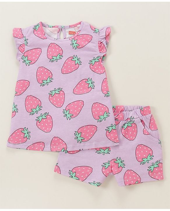 Babyhug Cotton Knit Sleeveless Night Suit With Strawberry Print - Purple