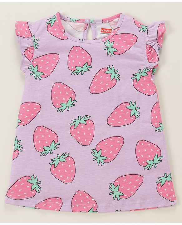 Babyhug Cotton Knit Sleeveless Night Suit With Strawberry Print - Purple