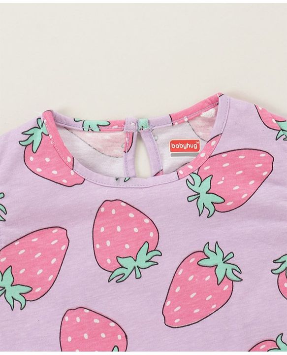 Babyhug Cotton Knit Sleeveless Night Suit With Strawberry Print - Purple
