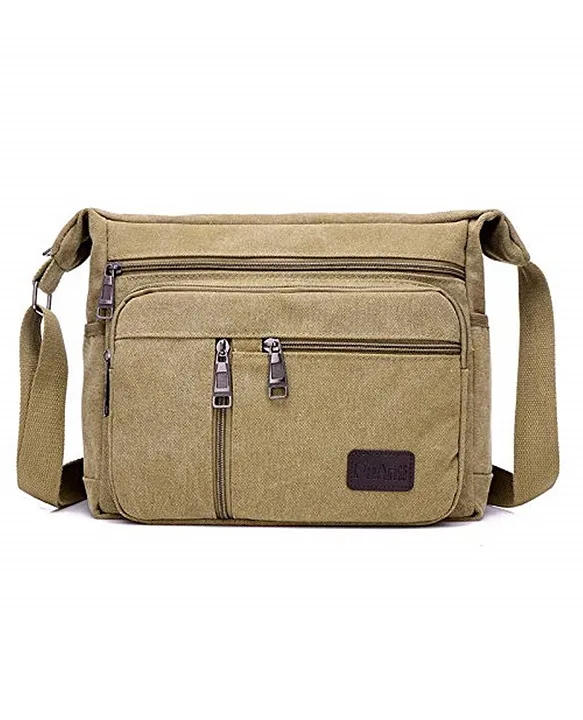 MOMISY Canvas Sling Cross Body Bag Travel Side Bag Messenger Bag Bag Multi  Pocket Shoulder Bag Money Bag for Boys Girls (Khaki)