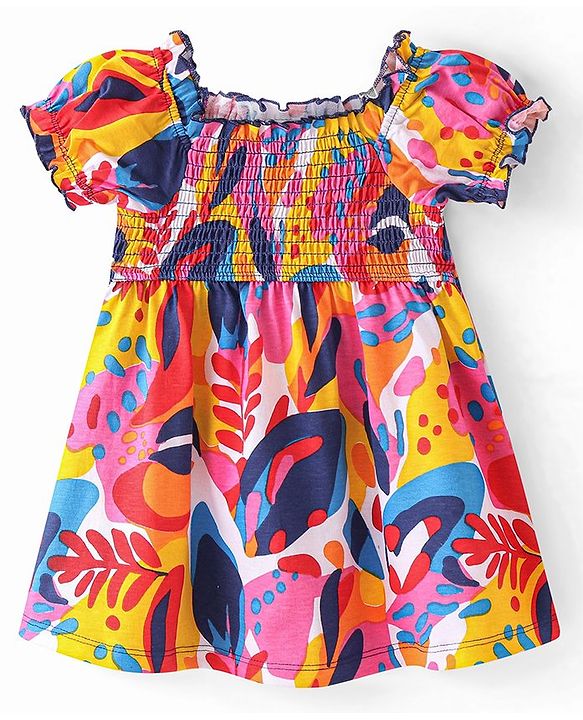 Babyhug Single Jersey Knit Half Sleeves Frock Leafy Print - Multicolor