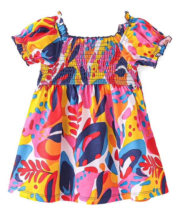 Babyhug Single Jersey Knit Half Sleeves Frock Leafy Print - Multicolor