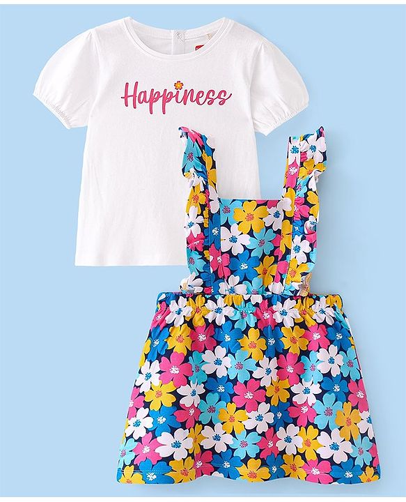 Babyhug Single Jersey Knit Floral Print Frock with Half Sleeves Inner Tee - Blue