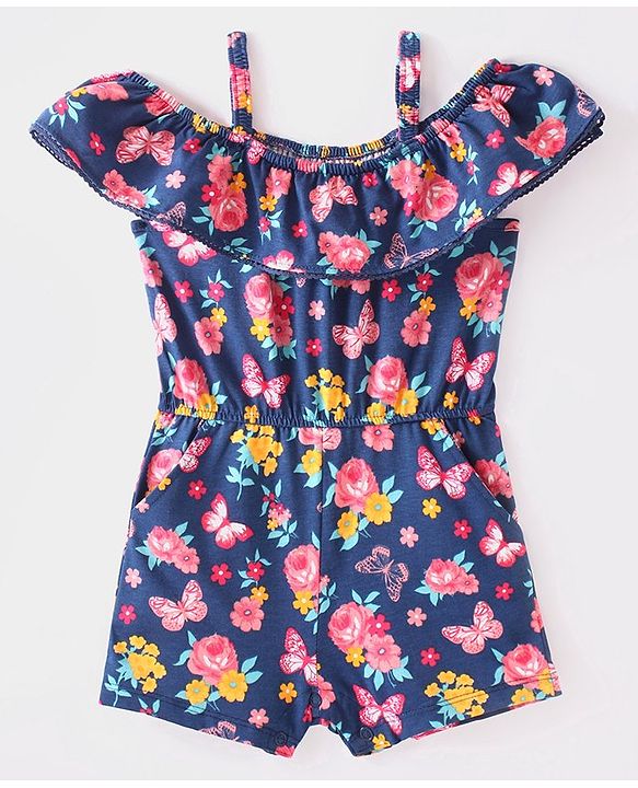 Babyhug Single Jersey Knit Cold Shoulder Sleeves Jumpsuit with Floral Print - Navy Blue